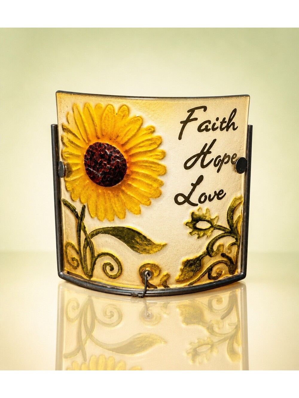 Vintage 1990s Candle Shield Faith Hope Love Sunflower Yellow Glass, 5x4.75”